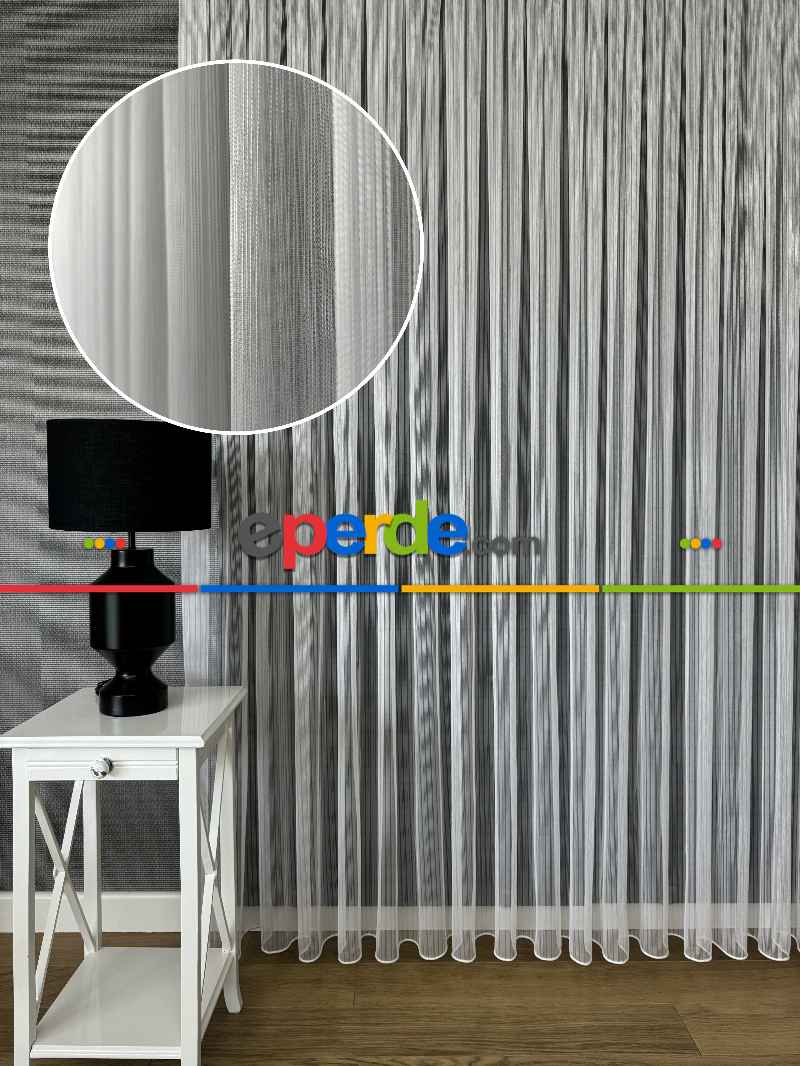 Ekru Çizgili Zincir Desenli Düz Tül Perde - Gramajlı Kurşunlu Tül Perde