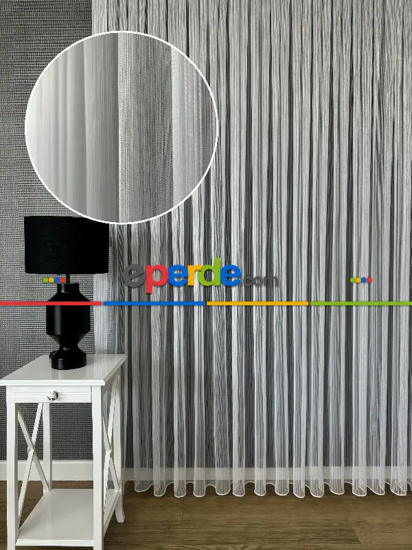 Ekru Çizgili Zincir Desenli Düz Tül Perde - Gramajlı Kurşunlu Tül Perde