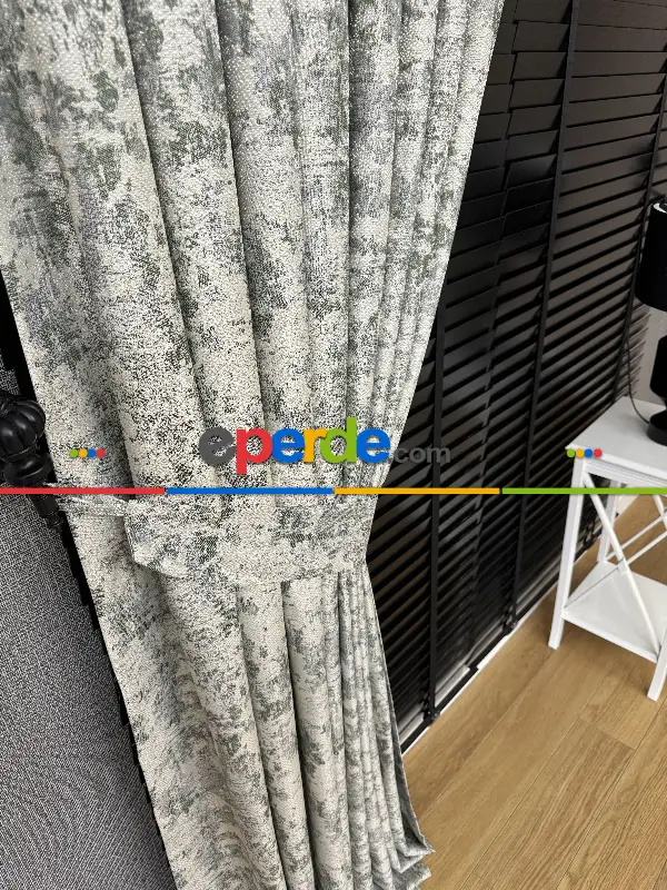 Yatak Odası - PatineDesenli Bej Yeşil Desenli Jakar Fon Perde (180)- Yeşil Koyu Yeşil