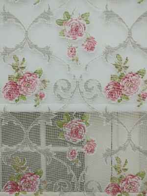 Pembe Çiçek Desenli Çiftli Sistem Tül Stor Perde- Pembe