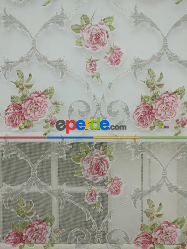 Pembe Çiçek Desenli Çiftli Sistem Tül Stor Perde- Pembe