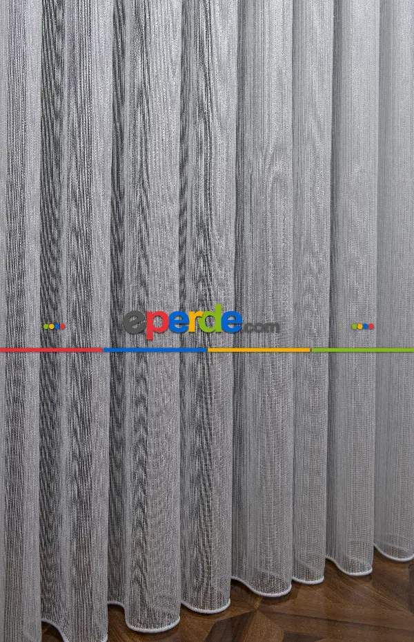 Salon Tül - Gümüş Çizgili Düz Fantezi Tül Perde