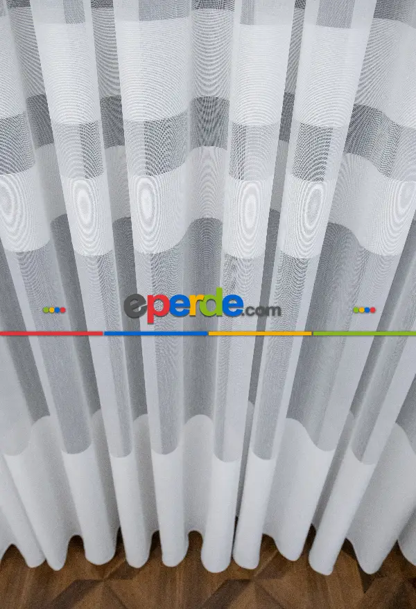 Genç Odası - Modern Bantlı Beyaz Tül - Yüksek Kalite Tül - Enine Çizgili