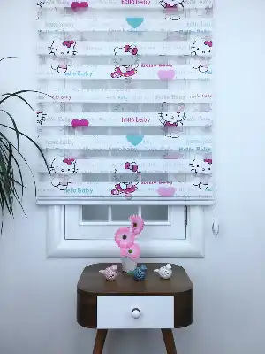 Kız, Çocuk ve Bebek Odası Zebra Perde - Hello Baby - Kids - Hello Kiti - Pembe Turkuaz