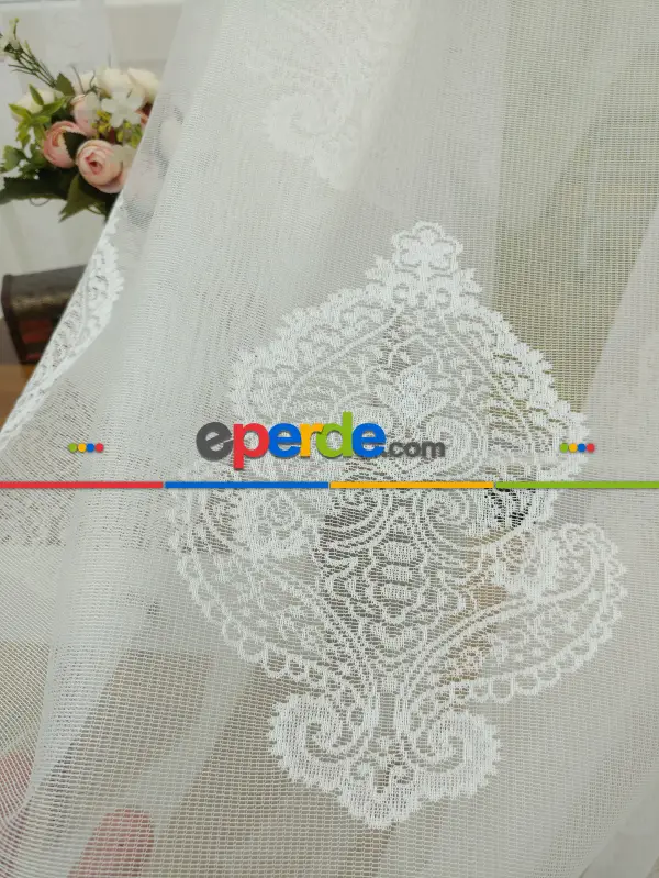 Damask Desenli Özel Örme Dokulu Tül Perde ( Hazır Ölçü 1/2.5 Normal Pile )- Ekru 200cm X 195cm 