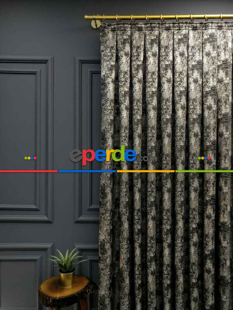 Salon Perdesi - Modern Desenli Jakarlı Fon Perde Yeni Seri 401- Gri-Füme-Antrasit