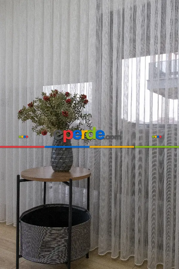 Mutfak - Çizgili Düz Tül Perde - Altın Simli Tül - Ütü İstemez