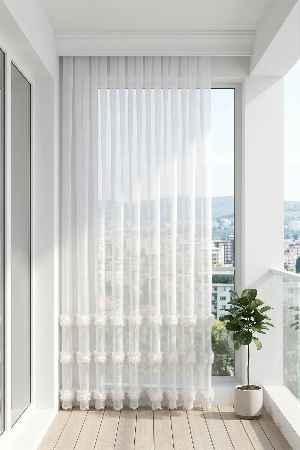 Bambu Zemin, Etek Püsküllü Tül Perde, Bambu Doğal Dokulu, Ekru