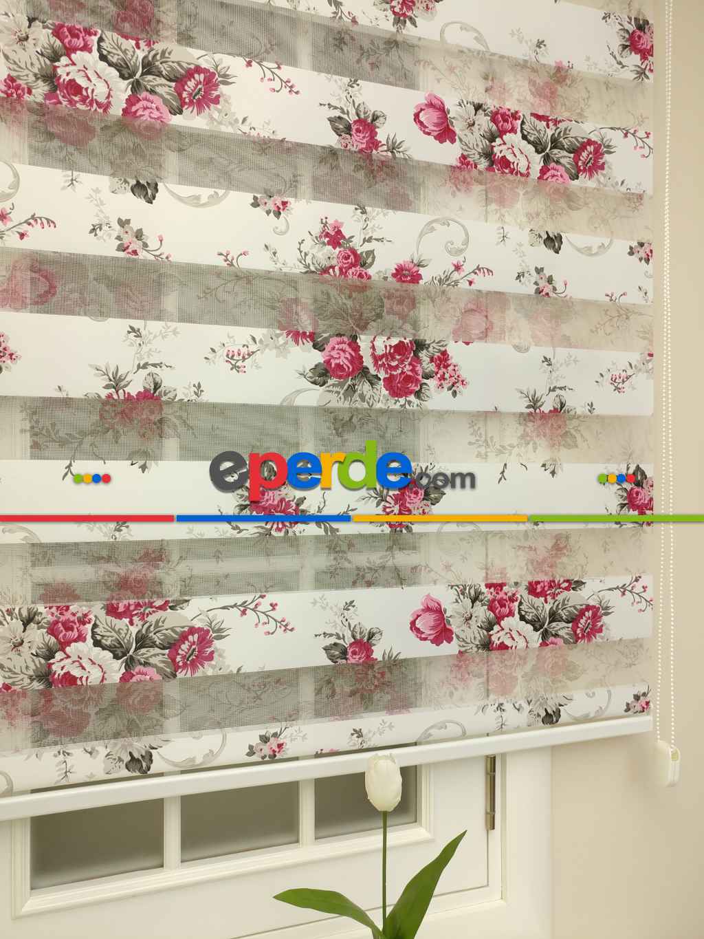 Zebra Perde - Çiçek Baskılı- Siyah Kırmızı