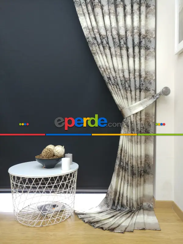 Gökkuşagı Desenli Jakar Fon Perde - Kahve