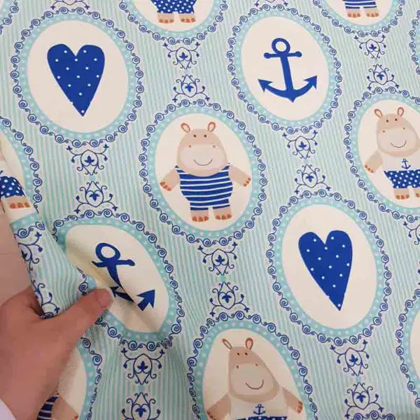 Bebek Odası Fon - Çapa Ayıcık Ve Kalp Desenli Fon Perde Evm1098 Kumaşı Kalındır Duck Bezi Değildir- Beyaz