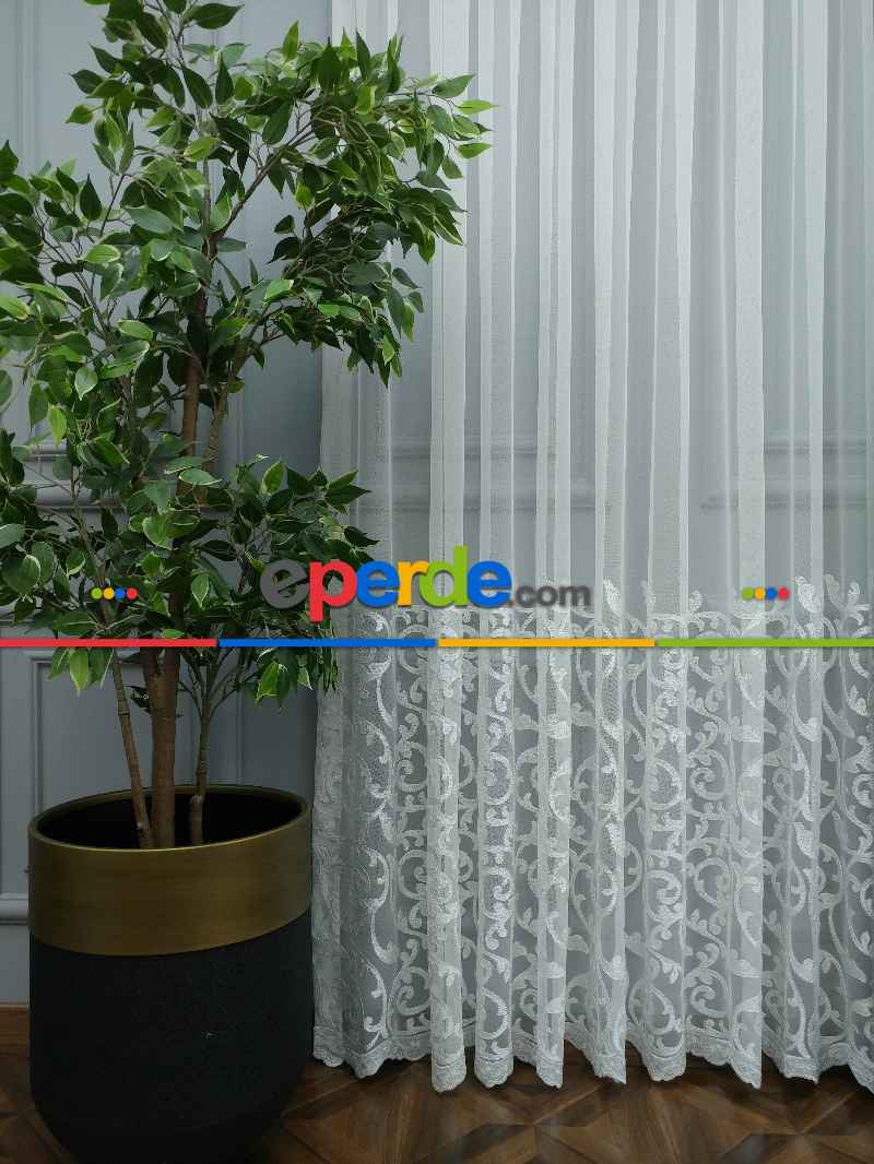 Eteği Duble Nakış İşlemeli Lüx Tül Perde Ikon 2021- Beyaz Buz Beyazı