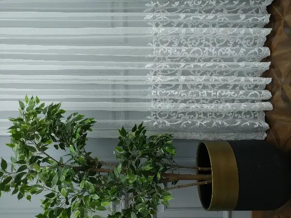 Salon Tül Perde - Eteği Duble Nakış İşlemeli Tül Perde Ikon 2021- Beyaz Buz Beyazı