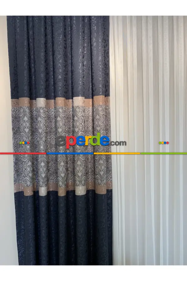 Yatak Odası Fon Brilant Fon Perde Dantella Moda Yeni Tasarım Lacivert Renk Fon Perde