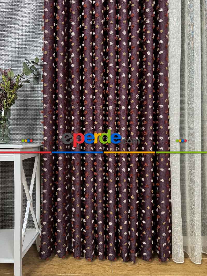 Oturma Odası - Bordo Ponponlu Jakar Dokuma, Premium Kalite Serisi Fon Perde