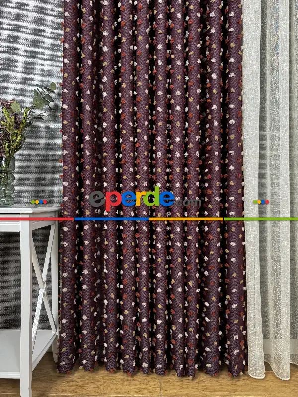 Yatak Odası - Bordo Ponponlu Jakar Dokuma, Premium Kalite Serisi Fon Perde