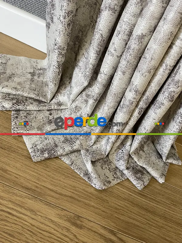 Yatak Odası - PatineDesenli Bej Kahve Desenli Jakar Fon Perde (180)- Kahve Açık