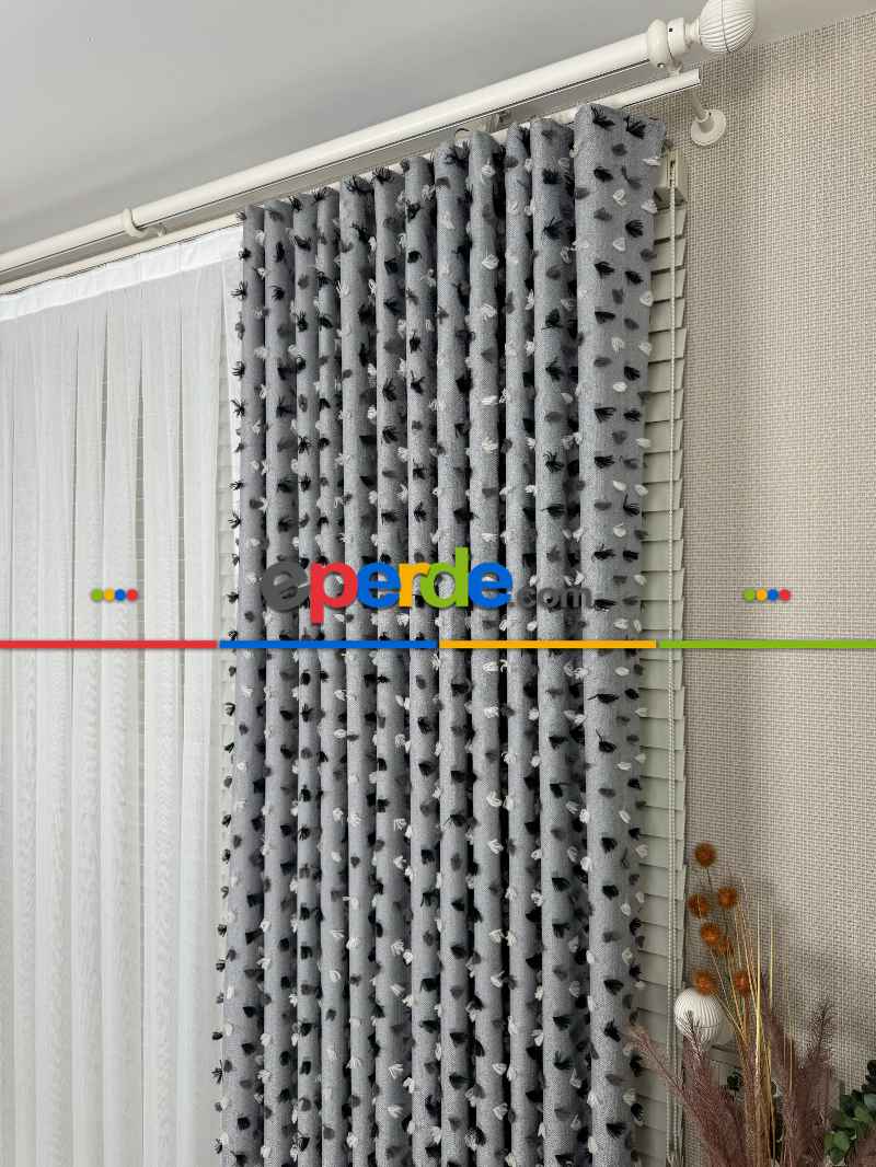 Yatak Odası - Gri Ponponlu Jakar Dokuma, Premium Kalite Serisi Fon Perde