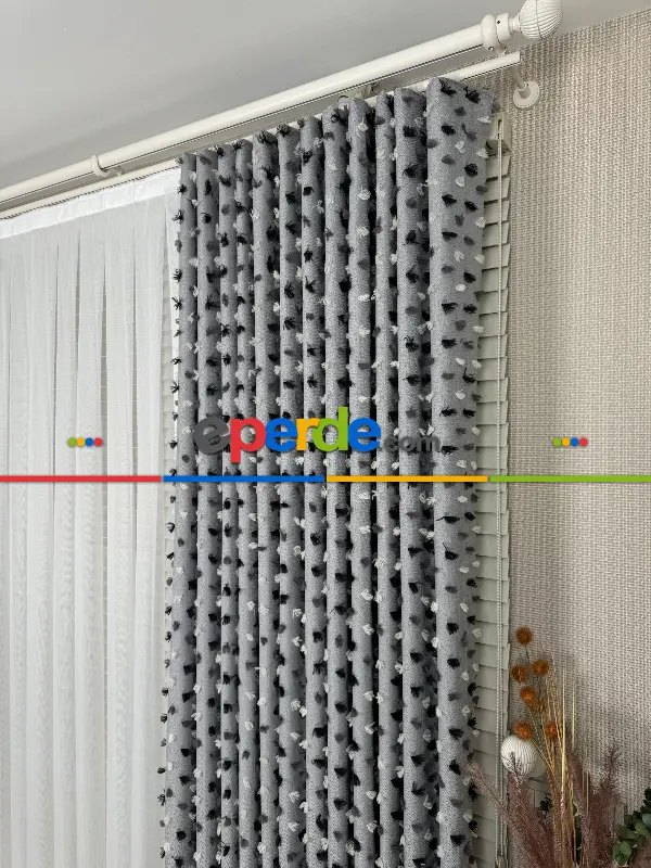 Yatak Odası - Gri Ponponlu Jakar Dokuma, Premium Kalite Serisi Fon Perde