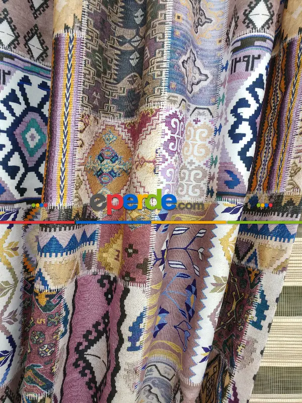 Kilim Desenli Süet Görünümlü Kalın Kumaş Fon Perde- Yeşil-pembe-mint