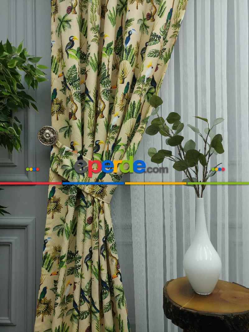 Mutfak Perdesi Kanat Fon Perde Desenli- Mavi