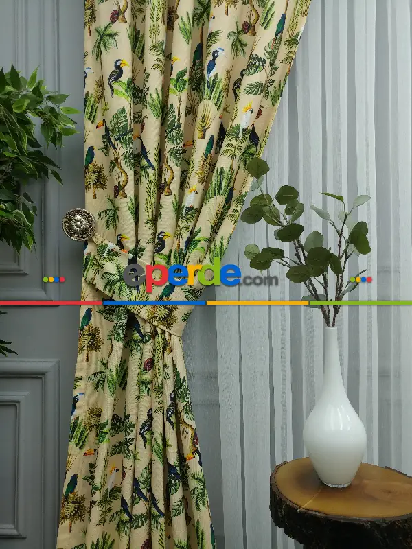 Tropikal Desenli Fon Perde Evm739 Kumaşı Kalındır Duck Bezi Değildir- Mavi-Kahverengi-Sarı-Beyaz-Krem-Açık Yeşil