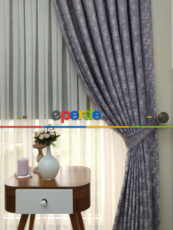 Patinedesenli Lila Koyu Renk Jakar Desenli Fon Perde- Lila Koyu Lila