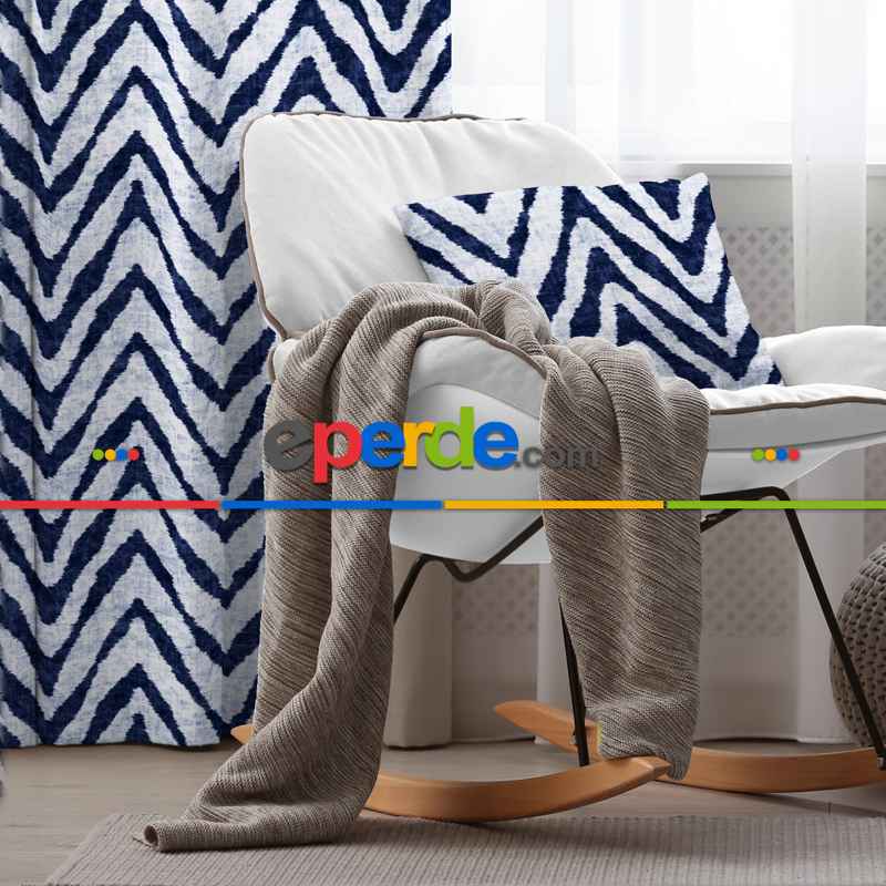 Etnik Fon Perde Evim1524 Kumaşı Kalındır Duck Bezi Değildir- Mavi-beyaz