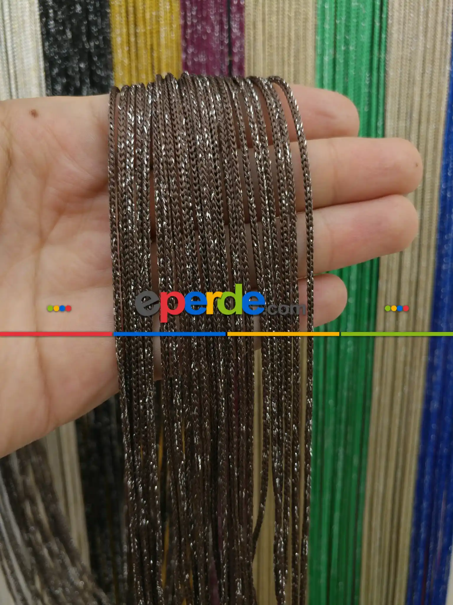 Kahverengi Rengi İp Perde Kalın Zincir Simli Serisi- Kahverengi-gümüş