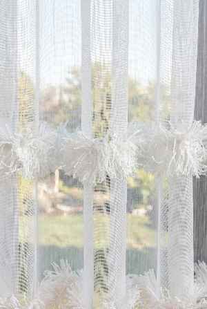 Bambu Zemin, Etek Püsküllü Tül Perde, Bambu Doğal Dokulu, Ekru