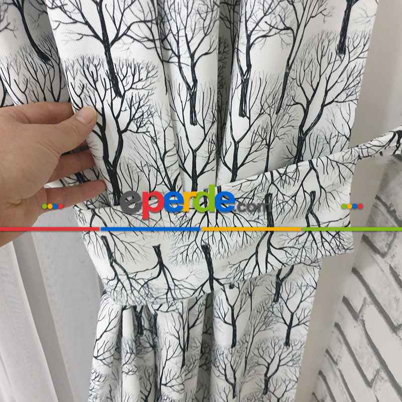 Siyah Mutfak Perdesi Kanat Fon Perde  Ağaç Desenli- Siyah