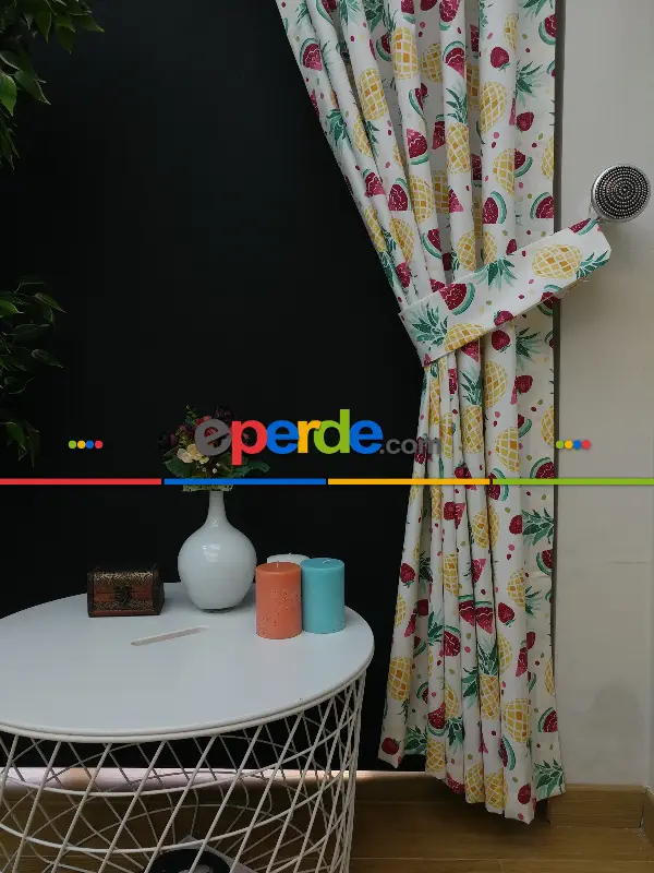 Karpuz-ananas-çilek Desenli Fon Perde (leke Tutmaz )- Kırmızı-Hardal Sarısı