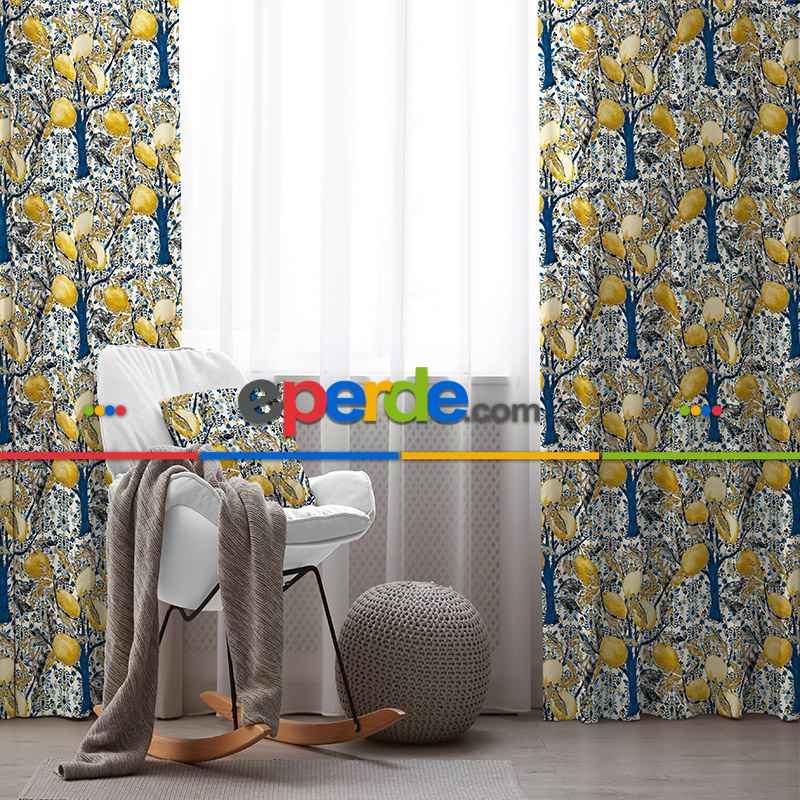 Limon Ağaç Desenli Fon Perde Evim758 Kumaşı Kalındır Duck Bezi Değildir- Mavi-beyaz