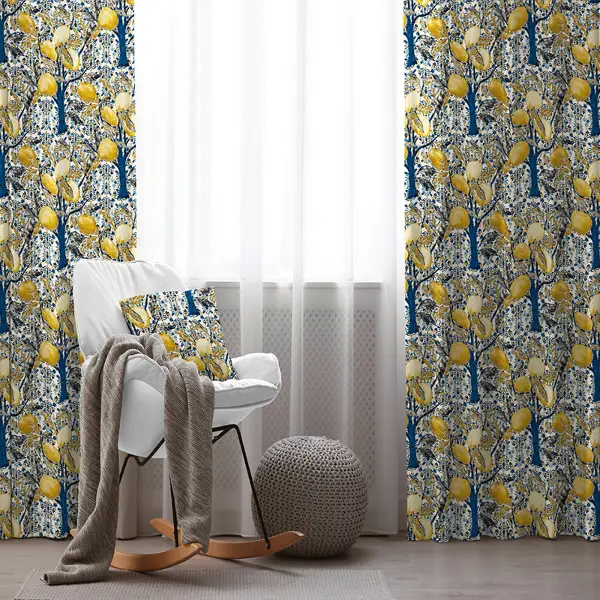 Limon Ağaç Desenli Fon Perde Evim758 Kumaşı Kalındır Duck Bezi Değildir- Mavi-beyaz