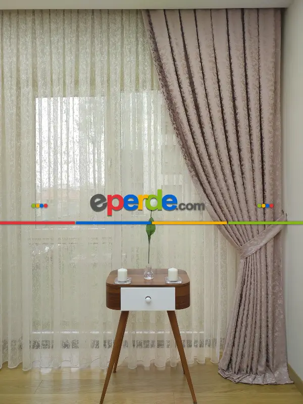 Pudra Rengi Kendinden Desenli Jakar Fon Perde (285 En)- Pudra