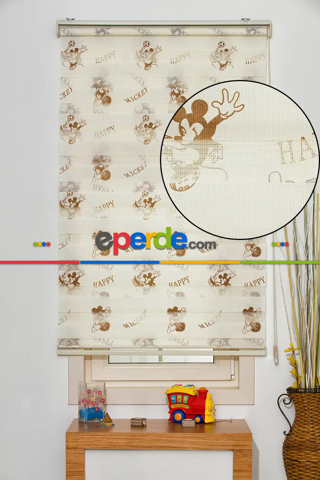 #üreticifirma %40 İndirimli Mickey Mouse Desenli Zebra Perde- Kahverengi-krem