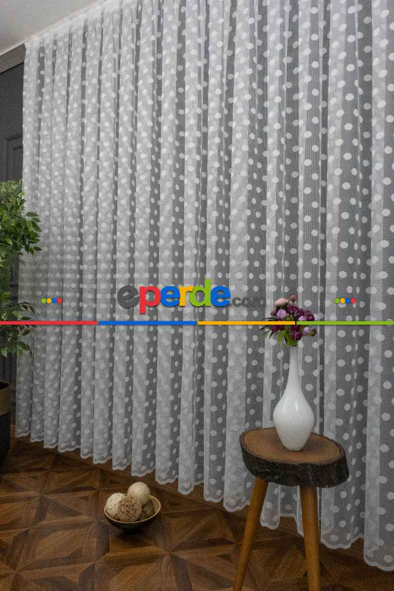 Mutfak - Puantiyeli Yuvarlak Noktalı Daire Desen Örme Çocuk Odası Tül