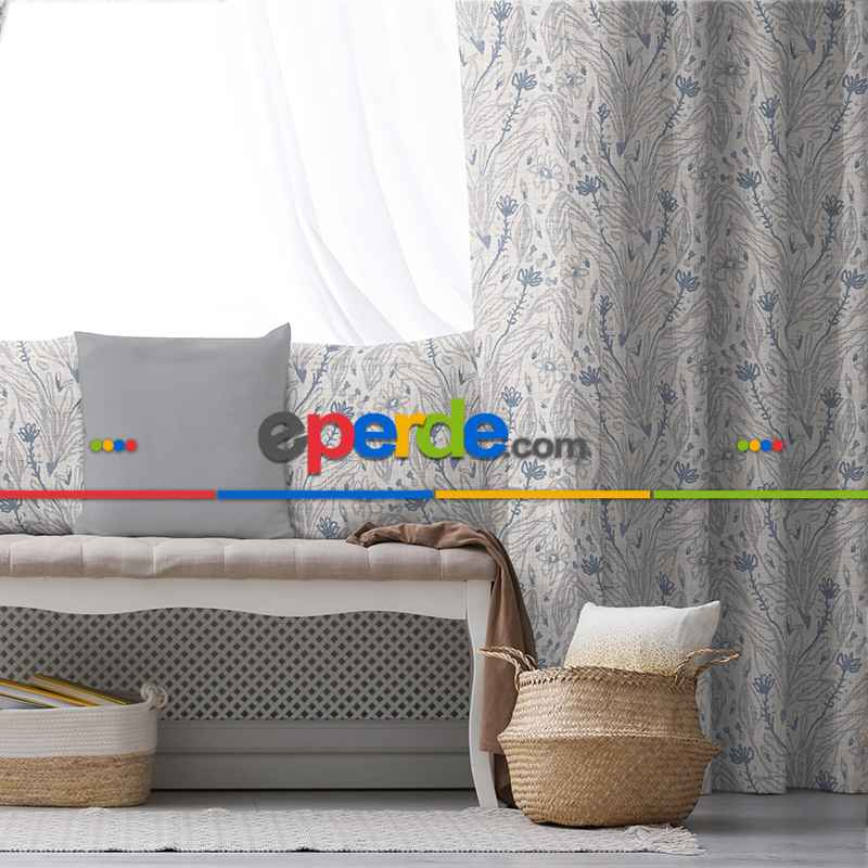 Oturma Odası Fon Perde Evim1598 Kumaşı Kalındır Duck Bezi Değildir- Mavi-beyaz