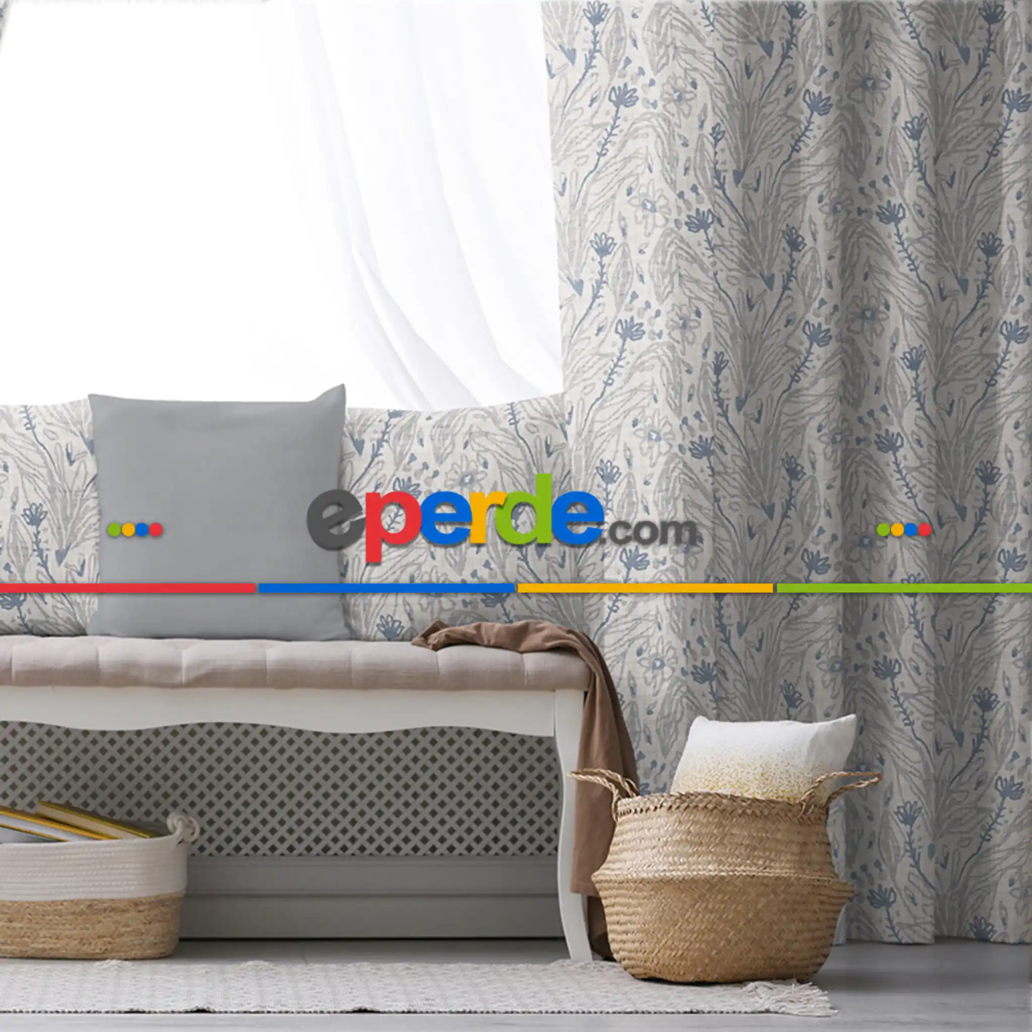 Oturma Odası Fon Perde Evim1598 Kumaşı Kalındır Duck Bezi Değildir- Mavi-beyaz