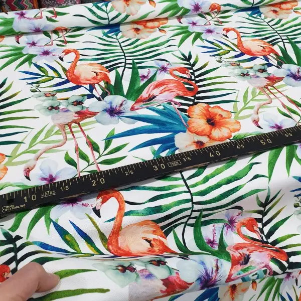 Kuğu Ve Tropikal Desenli Fon Perde Evm1065 Kumaşı Kalındır Duck Bezi Değildir- Yeşil-Mavi-Beyaz-Pembe