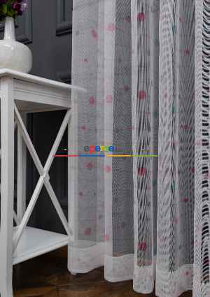 Hazır Ölçülü Petek Zemin Açık Pembe Ve Mavi Renkli Puantiye Desenli Grek Baskılı Tül Perde