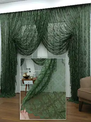 Koyu Yeşil - Damask Desenli Kruvaze Perde- Yeşil Koyu Yeşil