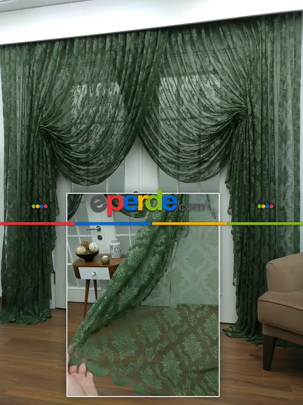 Koyu Yeşil - Damask Desenli Kruvaze Perde- Yeşil Koyu Yeşil