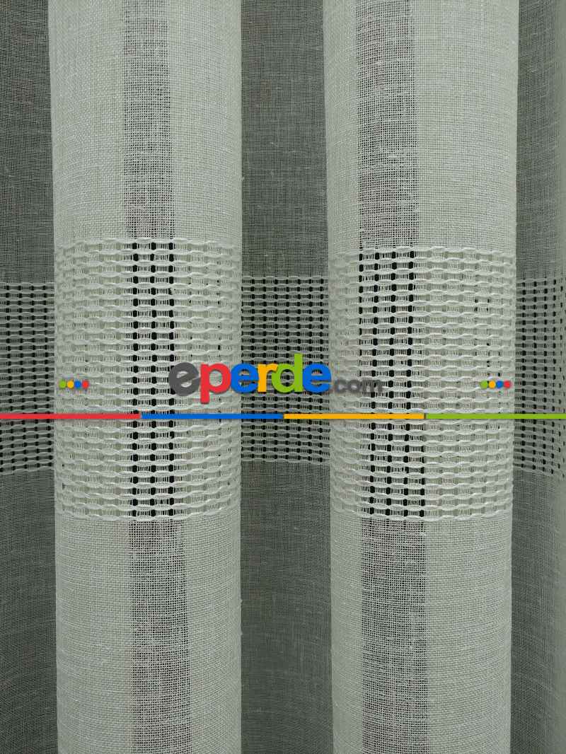 Mutfak - Bantlı Keten Doğal Tül Perde- Krem