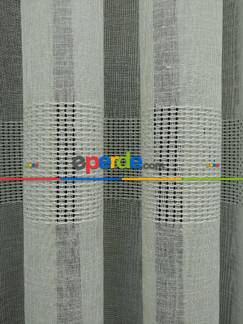 Bantlı Keten Doğal Tül Perde- Krem - Kurşunlu Tül