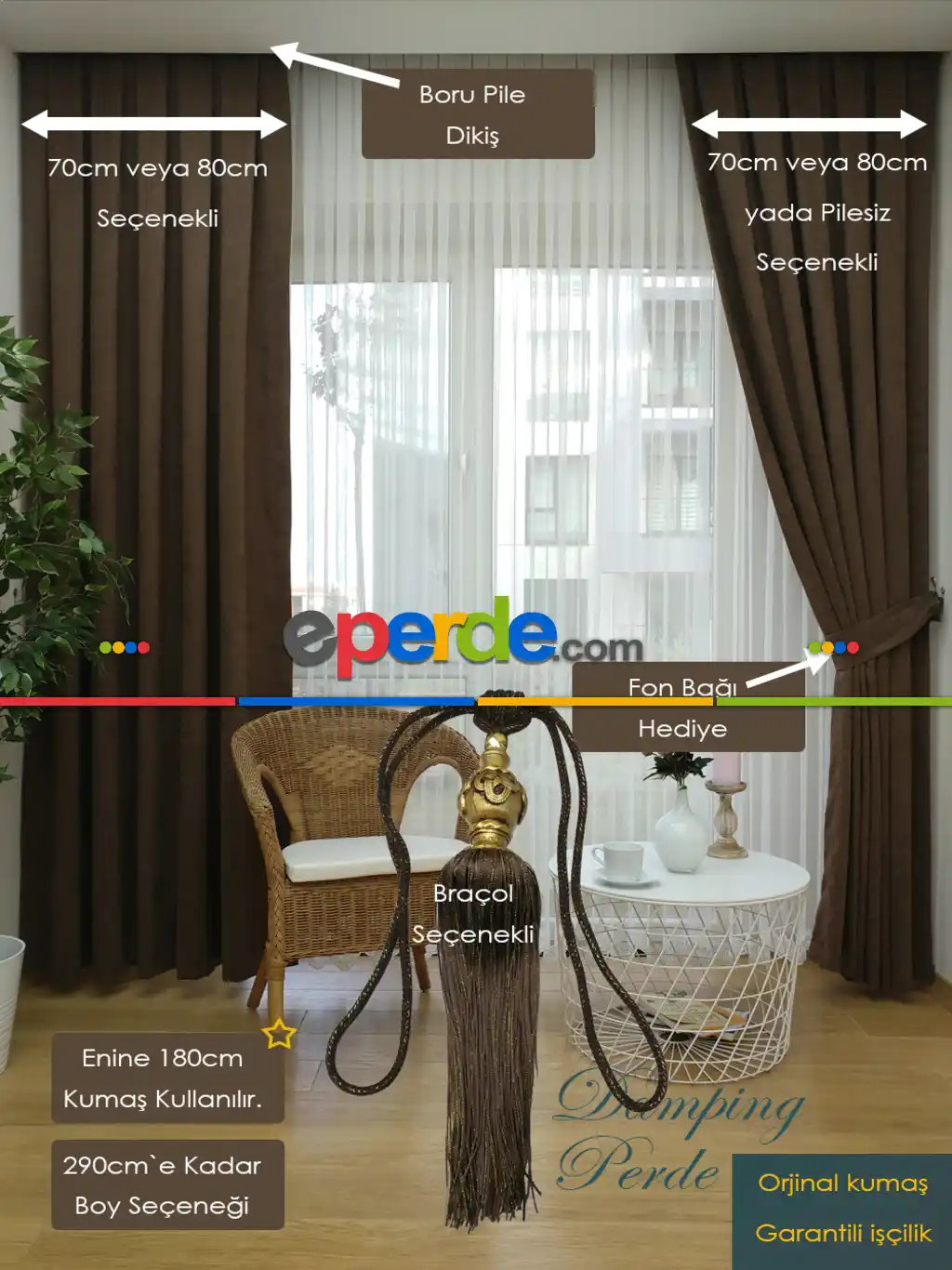 Vizon - Kahve Düz Fon Perde 180cm En- Vizon Rengi-kahve