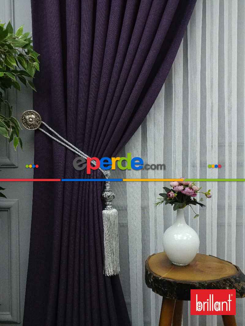 Brillant Keten Mor Renk Düz Fon Perde - Mor Patlıcan Moru