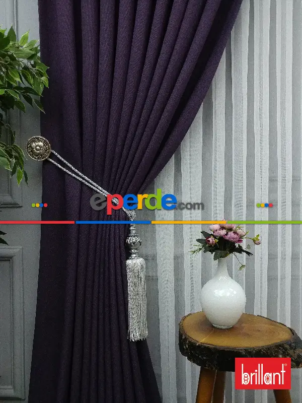 Yatak Odası - Brillant Keten Mor Renk Düz Fon Perde - Mor Patlıcan Moru