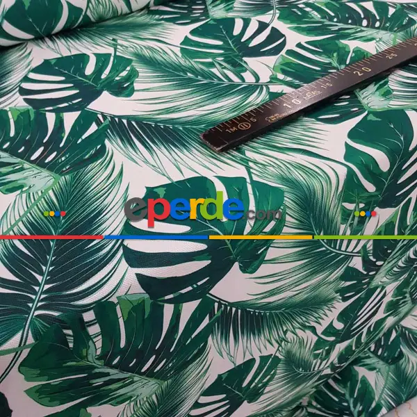 Oturma Odası - Tropikal Desenli Fon Perde K584 T - Kumaşı Kalındır Duck Bezi Değildir.- Yeşil-Beyaz-Çok Renkli