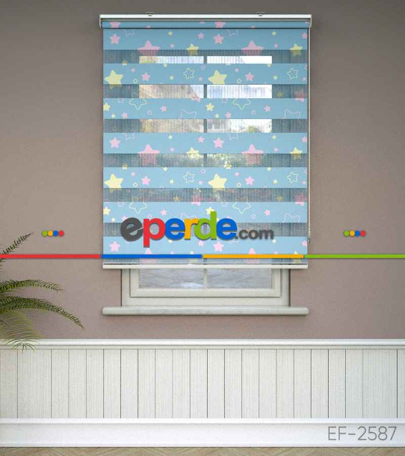 Yıldız Desenli Baskılı Zebra Perde- Çok Renkli